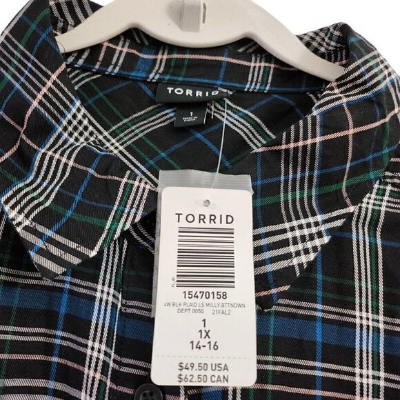 Torrid Top 1X Black Plaid‎ Lizzie Rayon Twill Button-Up Long Sleeve Shirt NWT - Picture 6 of 13